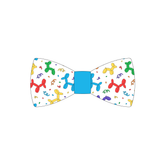 Bowtie in a dog friendly pattern that shows party images like balloons and confetti. The center is made from solid blue trim. It's complete with attached elastic loops on the back to secure on dog collar.
